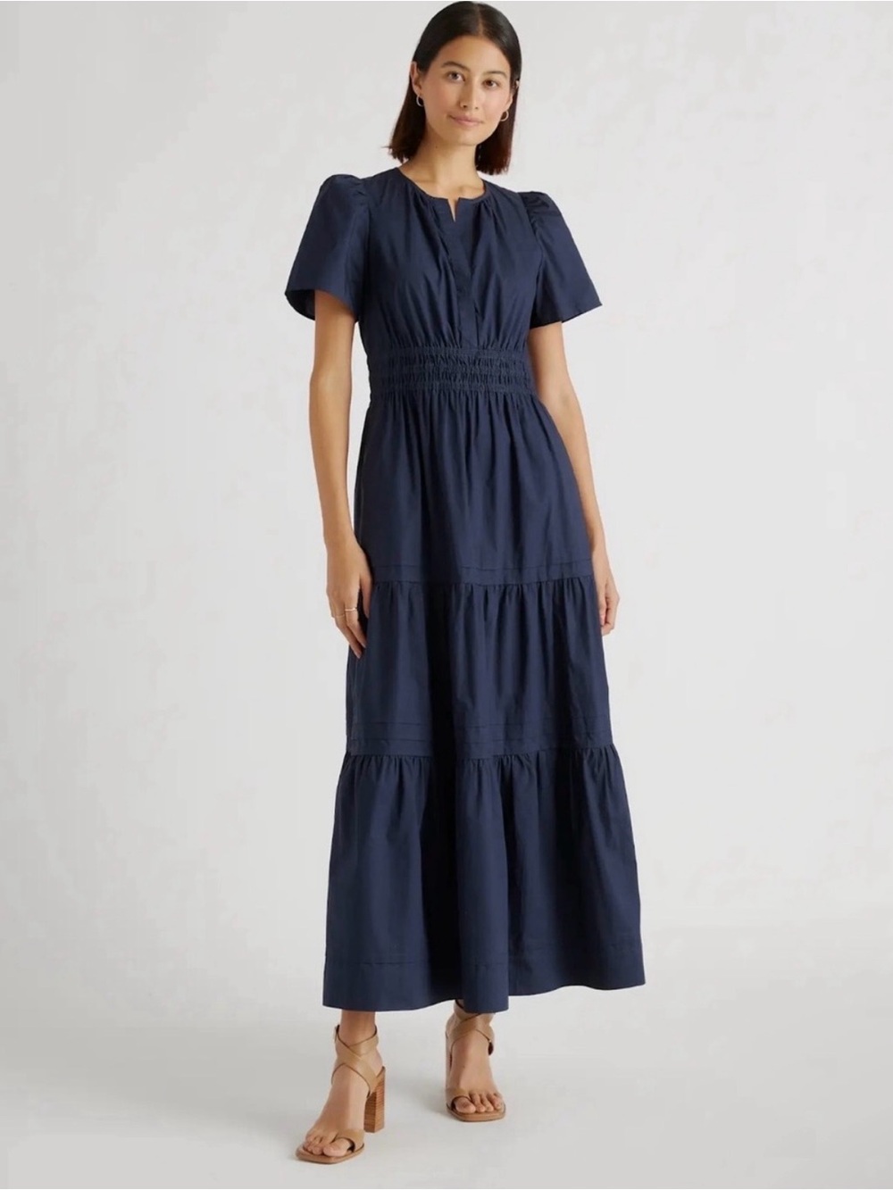 Quince Sz XS 100% Cotton Tiered Poplin Maxi Dress - Navy Blue